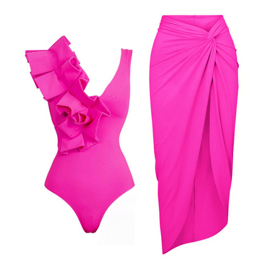 'Candy' ruffled swimsuit set with wrap skirt