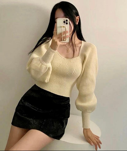 Square-neck, puff sleeved sweater